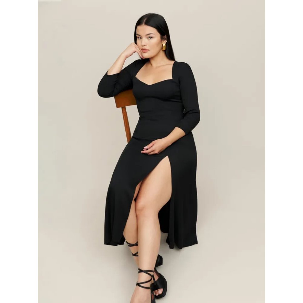 NWOT Reformation Mara Dress Es in Black Midi Long Sleeves Back Tie Cut Out